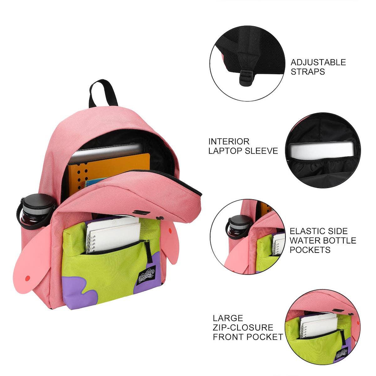 Pink backpack with features highlighted on a white background