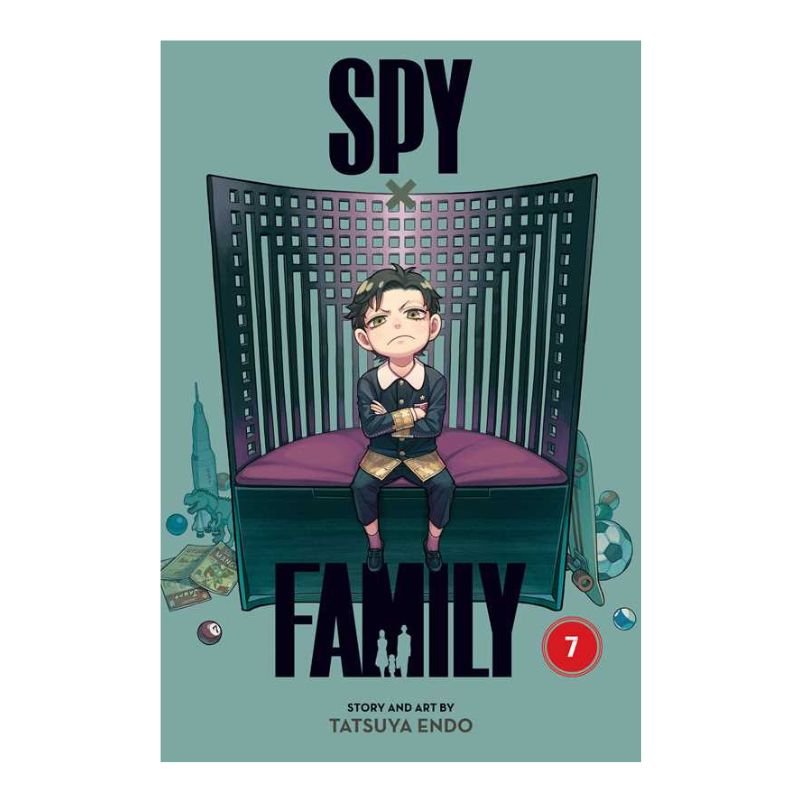 Manga volume 7 cover of the manga 'SPY FAMILY' by Tatsuya Endo, featuring a stylized illustration of a boy sitting on a purple cushion in front of a tall black screen, set against a muted teal background.