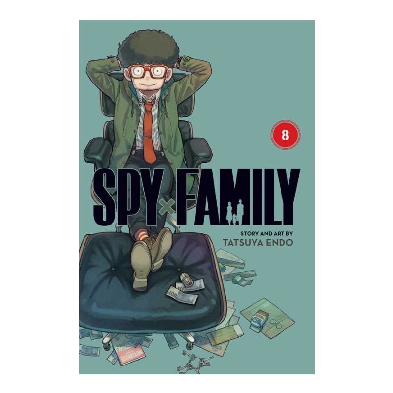 Front cover of the manga book 'Spy Family Volume 8' by Tatsuya Endo, featuring an illustration of a man in a green jacket and red tie sitting in a chair with his feet on a footrest, on a muted teal background.