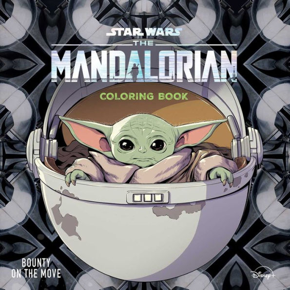 Coloring book cover featuring Baby Yoda from 'The Mandalorian' with a dark, intricate background.