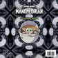 Star Wars The Mandalorian coloring book cover with Baby Yoda in a pod on a black and gray patterned background.