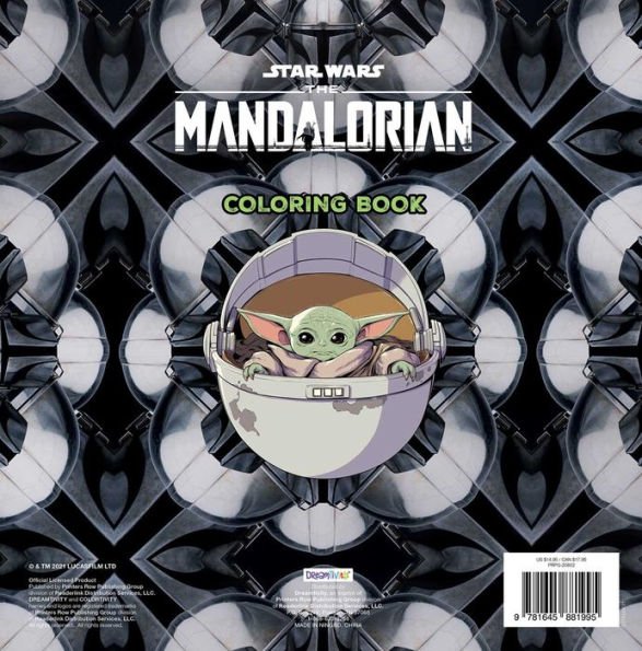 Star Wars The Mandalorian coloring book cover with Baby Yoda in a pod on a black and gray patterned background.