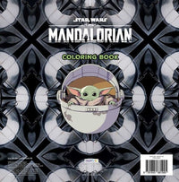 Star Wars The Mandalorian coloring book cover with Baby Yoda in a pod on a black and gray patterned background.