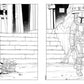 Black and white line art of a character preparing to enter a building.