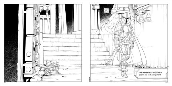 Black and white line art of a character preparing to enter a building.