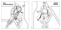 Black and white line art of 'The Mandalorian' and 'Greef Karga' from 'Star Wars'.