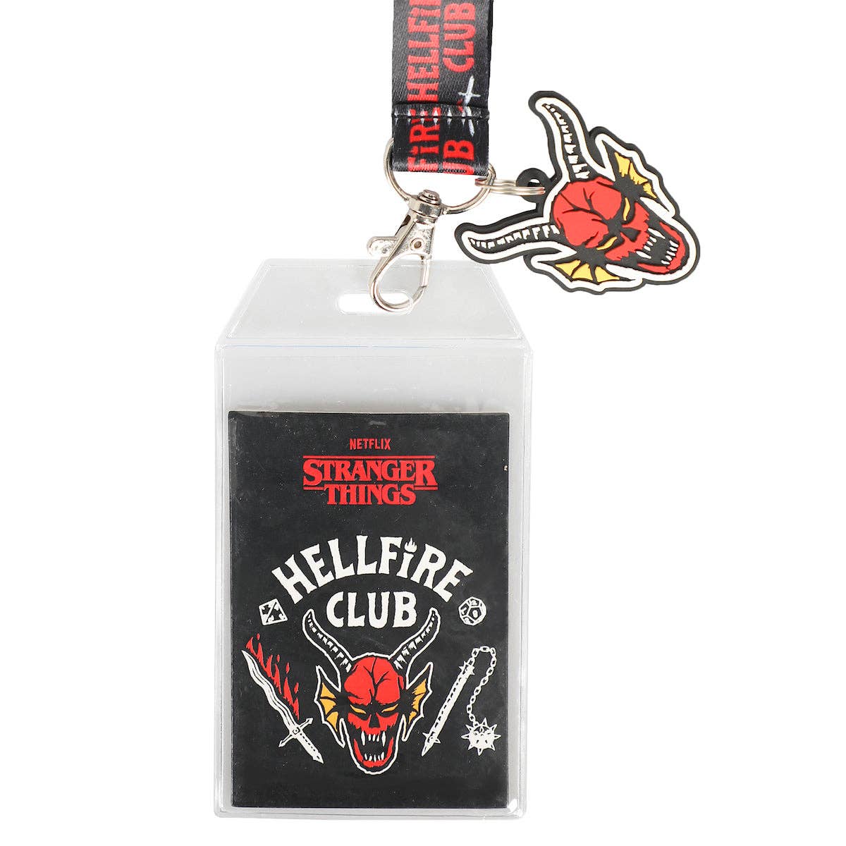 Stranger Things Hellfire Club lanyard with badge holder on a white background