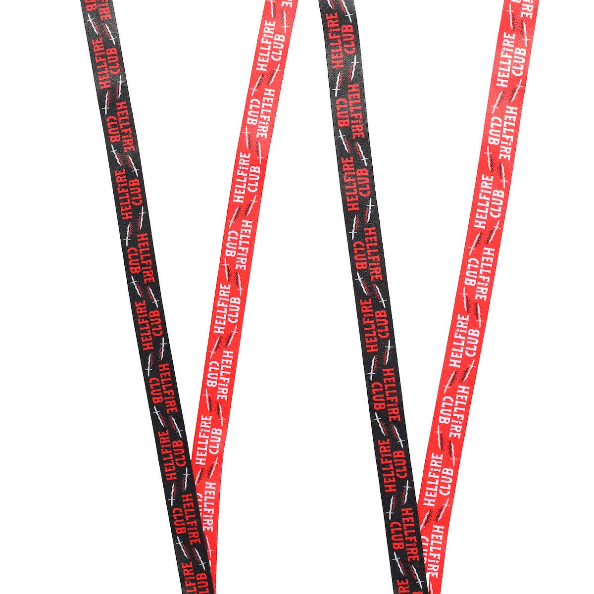 Two red and black lanyards with 'Hellfire Club' text on a white background