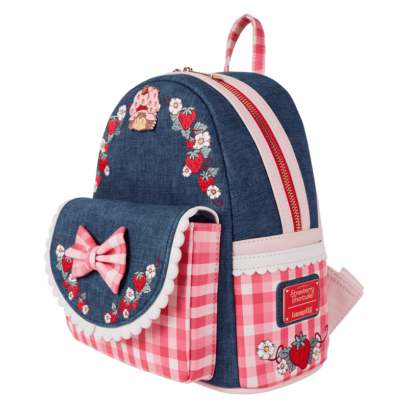 Loungefly mini backpack styled with retro Strawberry Shortcake artwork and gingham trim

