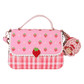 Strawberry Shortcake crossbody bag featuring denim and gingham patterns with matching coin pouch

