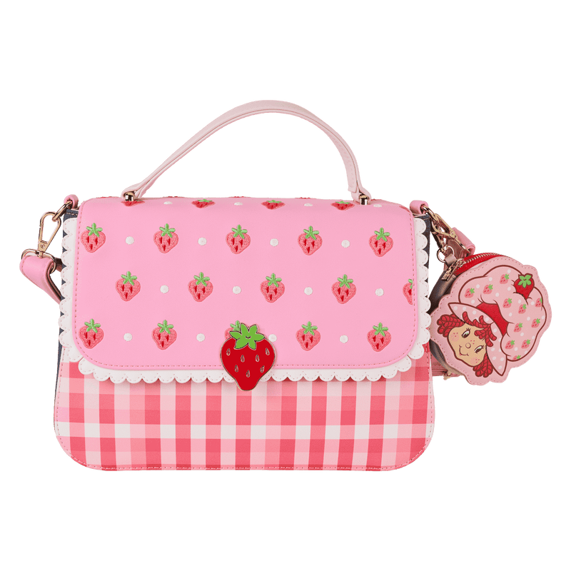 Strawberry Shortcake crossbody bag featuring denim and gingham patterns with matching coin pouch


