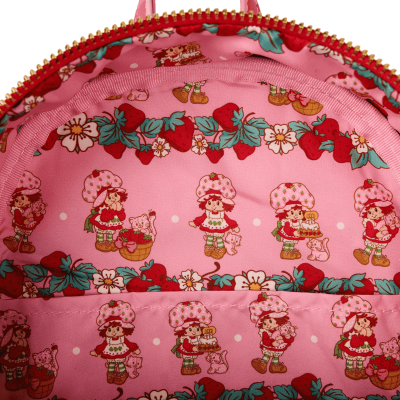Loungefly denim and gingham backpack featuring classic Strawberry Shortcake character print

