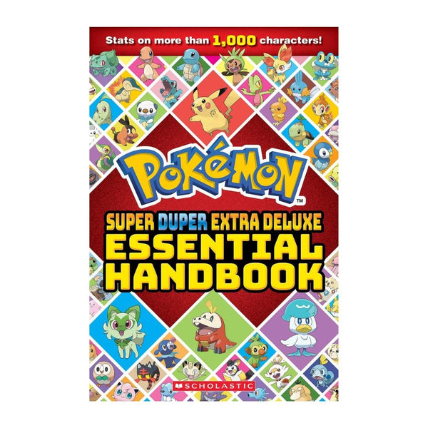 Pokémon Super Duper Extra Deluxe Essential Handbook with colorful Pokémon illustrations on a red background