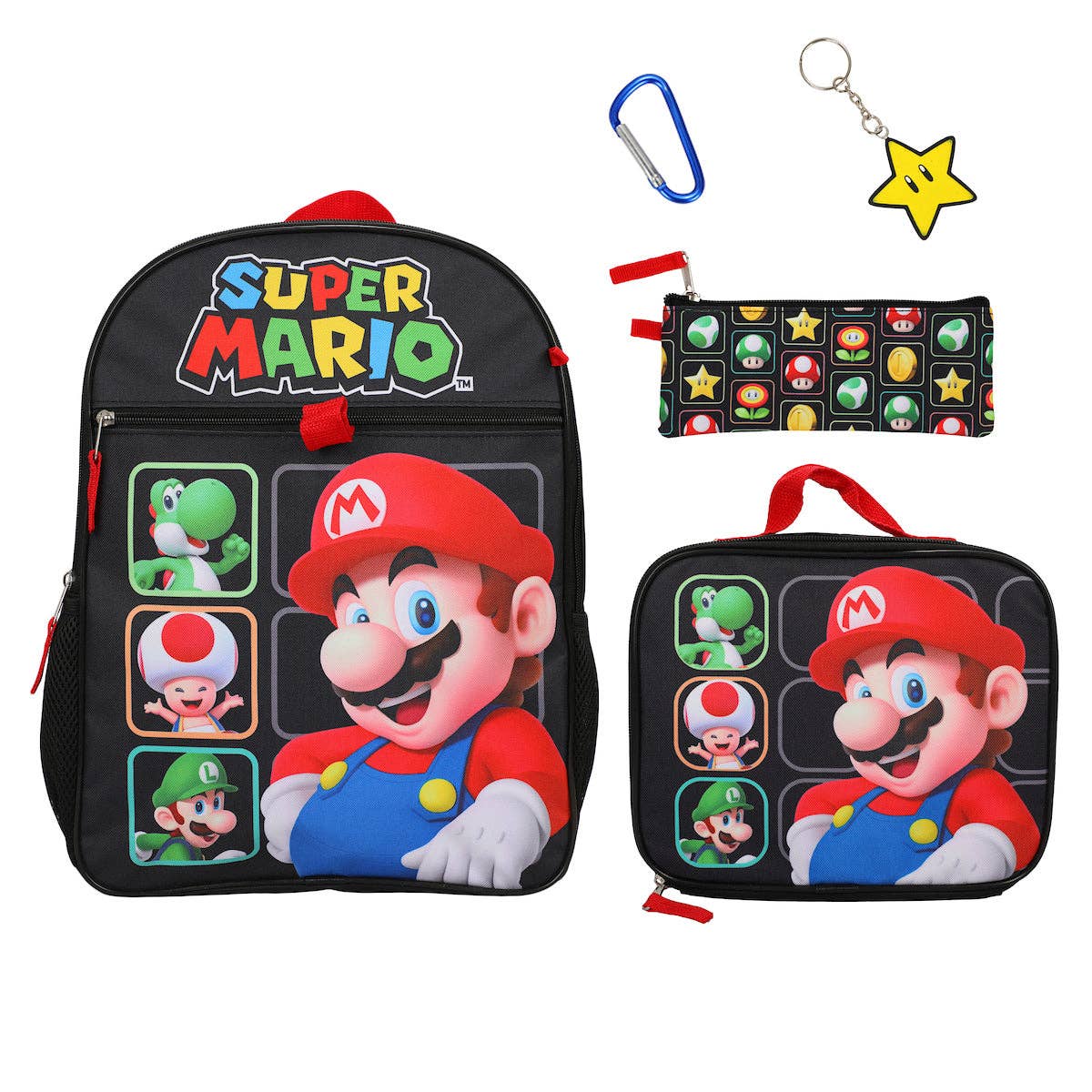 Super Mario backpack and accessories on a white background