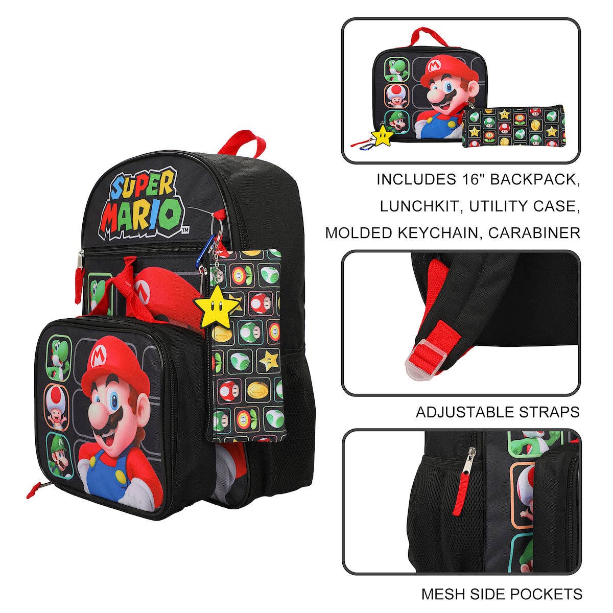 Super Mario-themed backpack set with lunchkit, utility case, keychain, and carabiner on a white background.