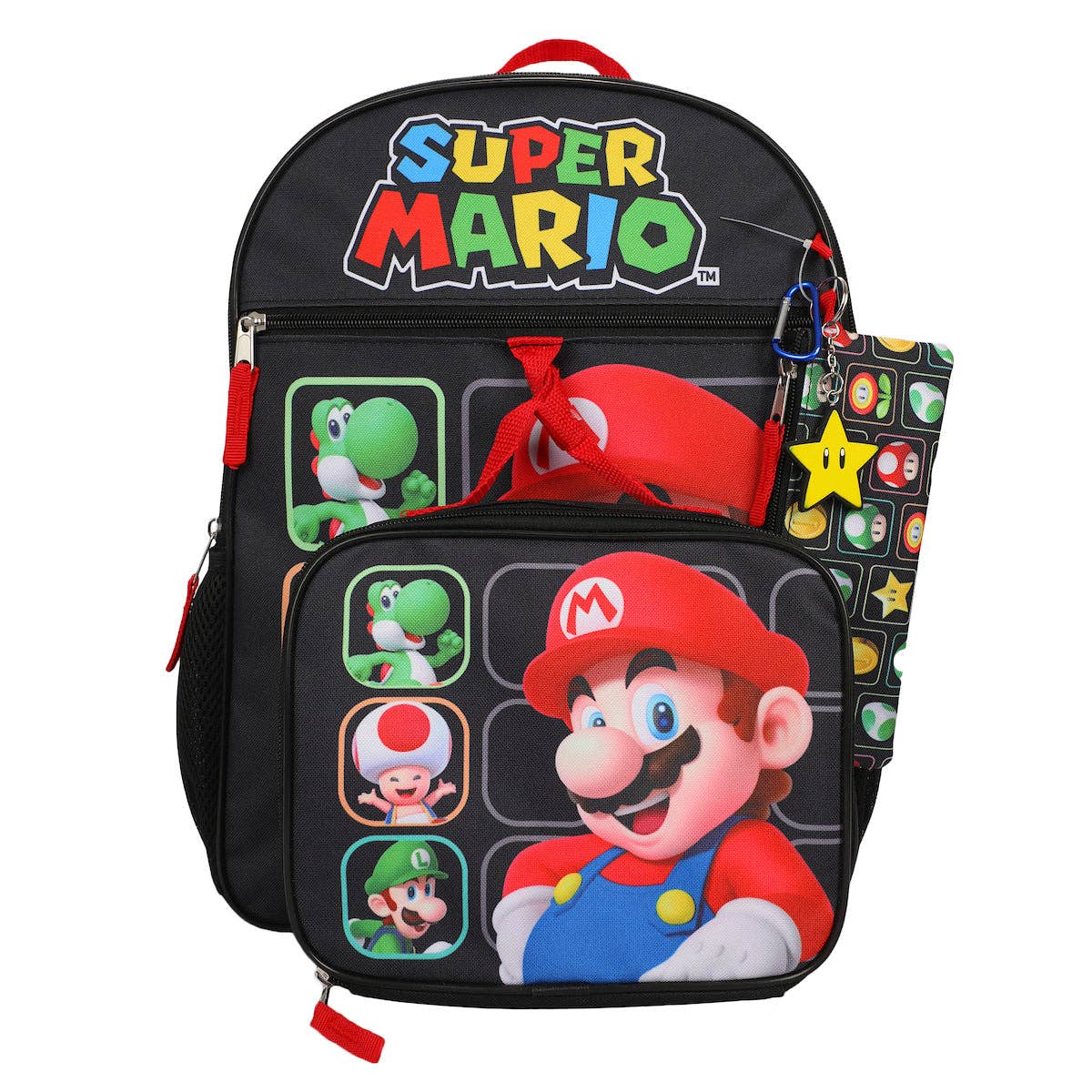 Super Mario-themed backpack with character illustrations on a white background