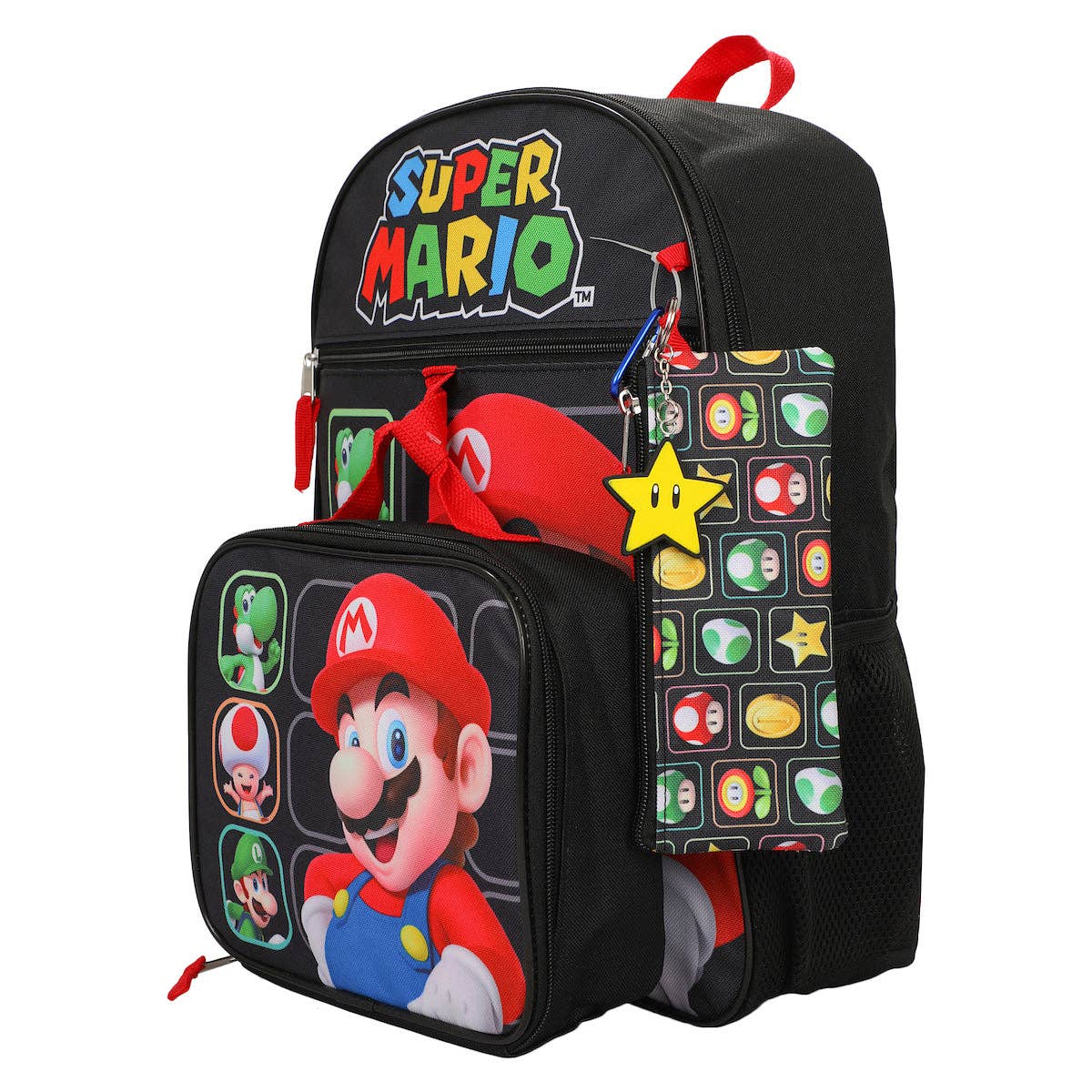 Super Mario-themed backpack and lunch bag set on a white background