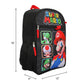 Black Super Mario backpack with character illustrations and dimensions on a white background