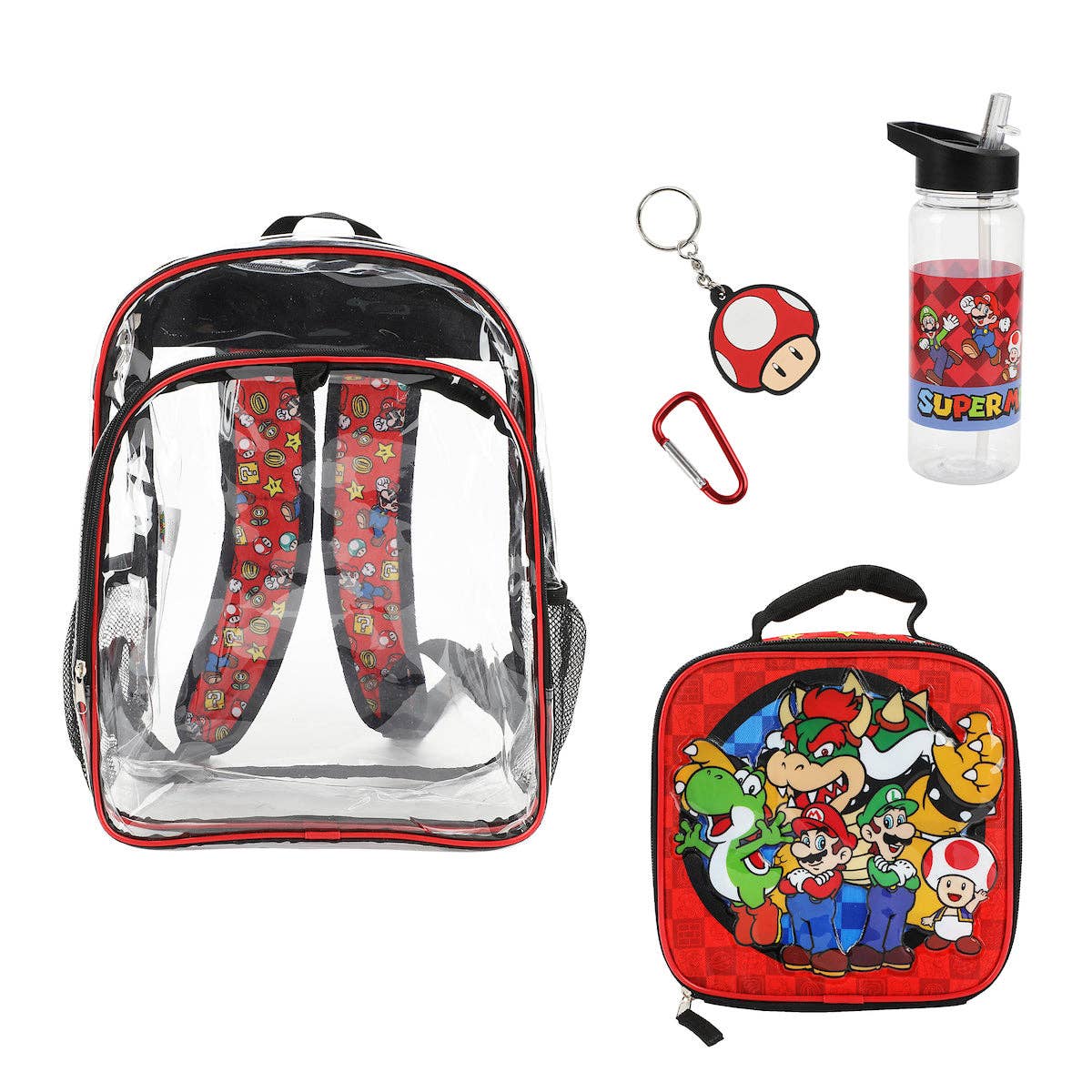 Clear backpack, Mario-themed lunch bag, water bottle, and keychain on a white background