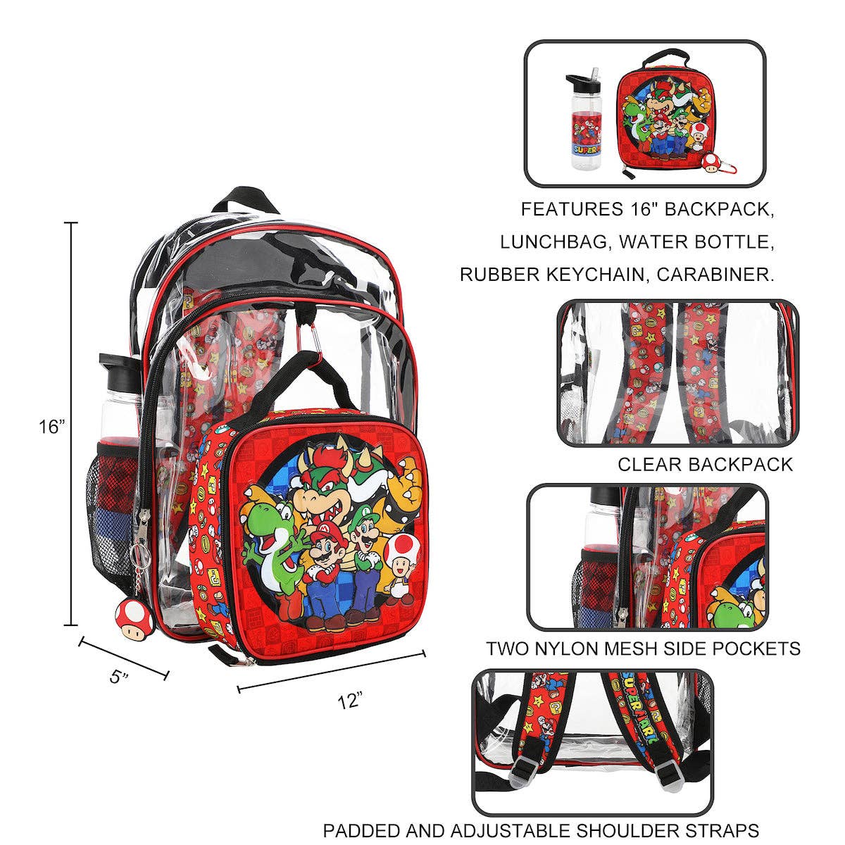 Backpack set with lunch bag, water bottle, and accessories on a white background