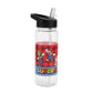 Clear water bottle with Super Mario design on a white background