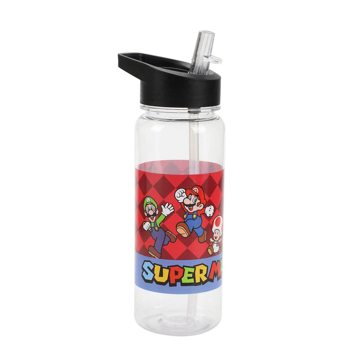 Clear water bottle with Super Mario design on a white background