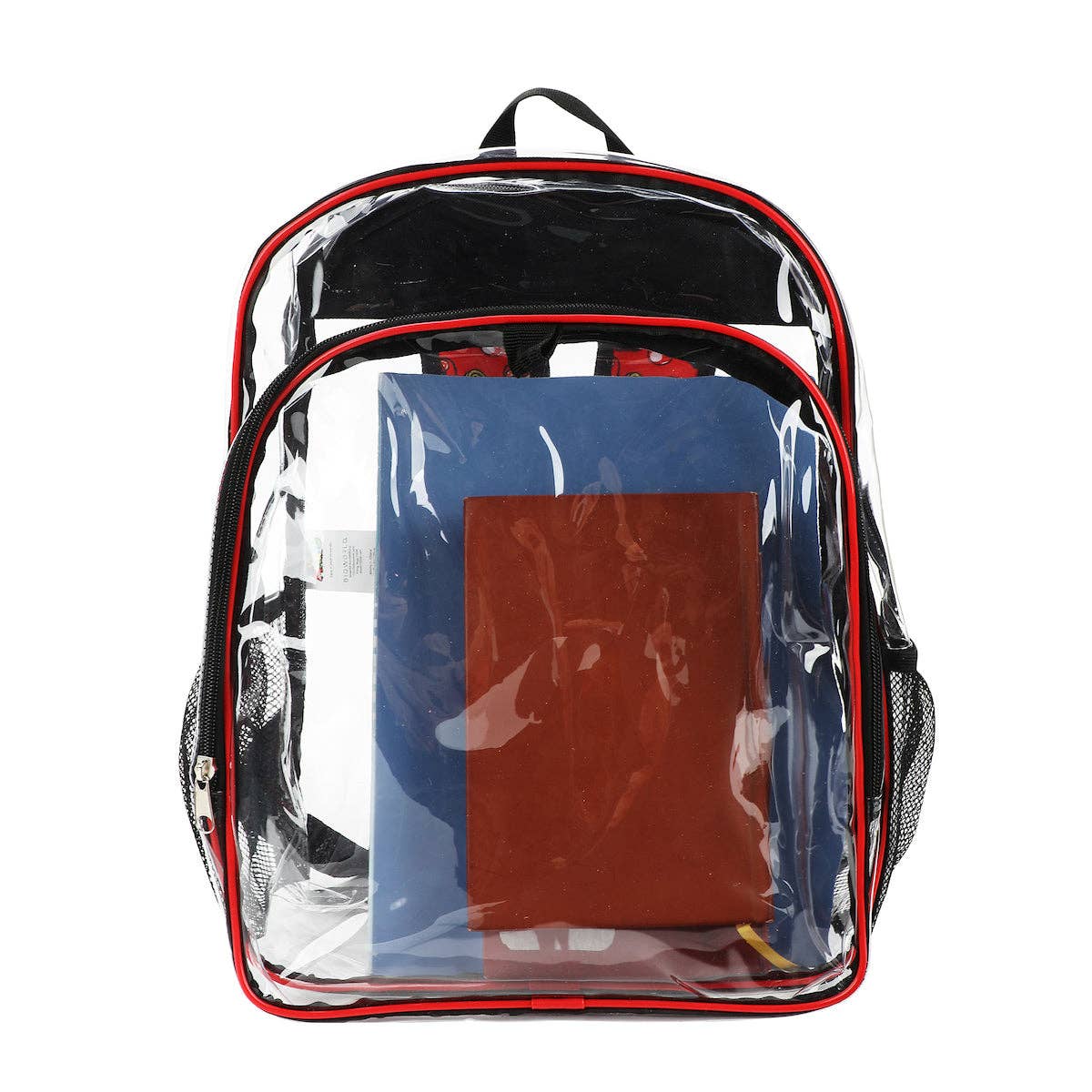 Clear backpack with red trim containing a blue and brown book on a white background