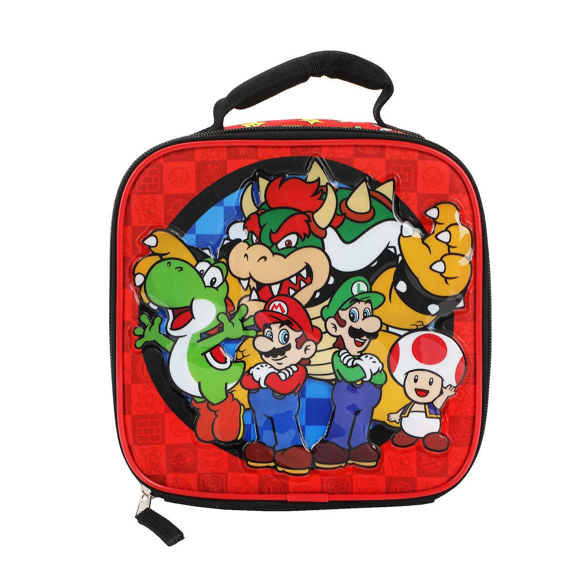 Lunch bag with Super Mario characters on a red background