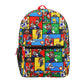 Backpack with colorful Mario character pattern on a white background