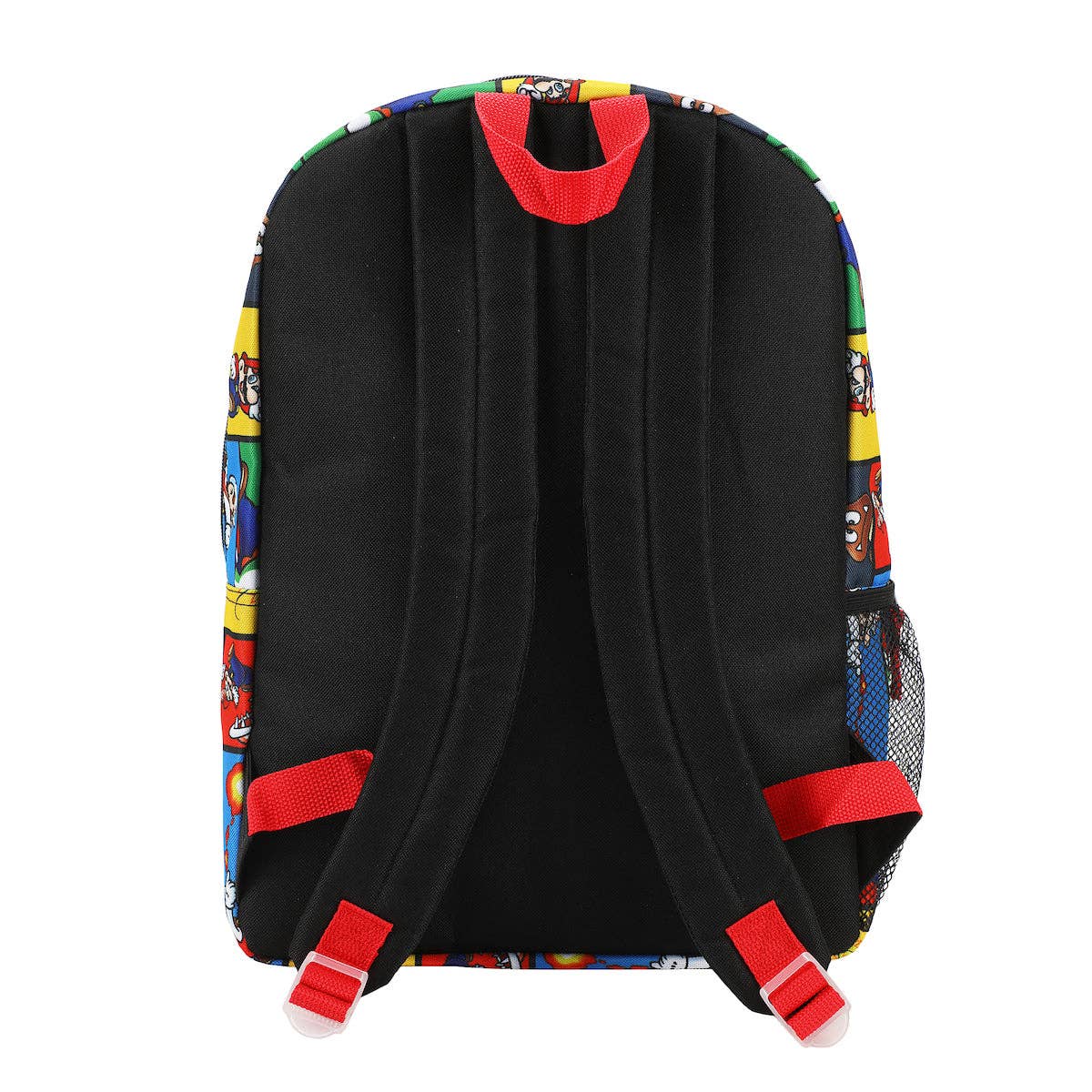 Black backpack with colorful cartoon character patterns on a white background