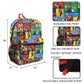 Colorful backpack with cartoon character pattern, showing dimensions and features on a white background.