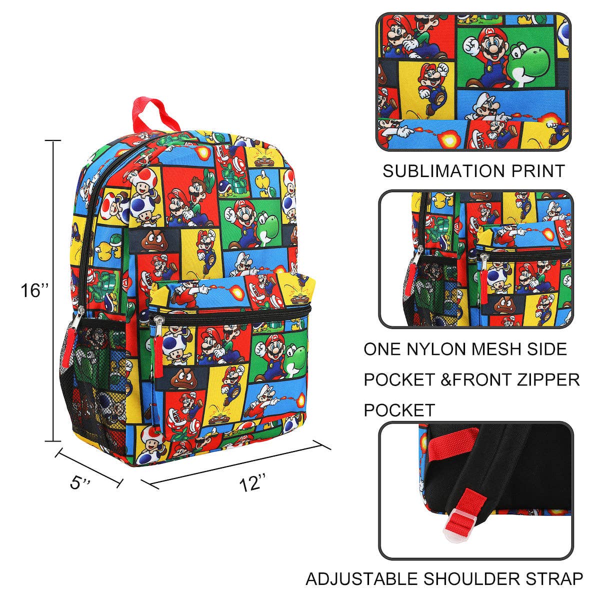 Colorful backpack with cartoon character pattern, showing dimensions and features on a white background.