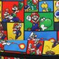 Pattern of Super Mario characters on a colorful background
