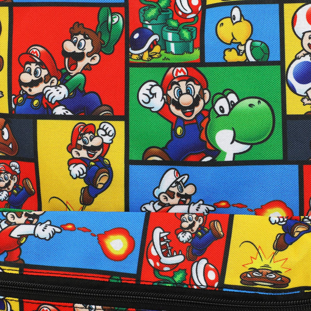 Pattern of Super Mario characters on a colorful background