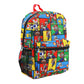 Colorful backpack with cartoon character pattern on a white background
