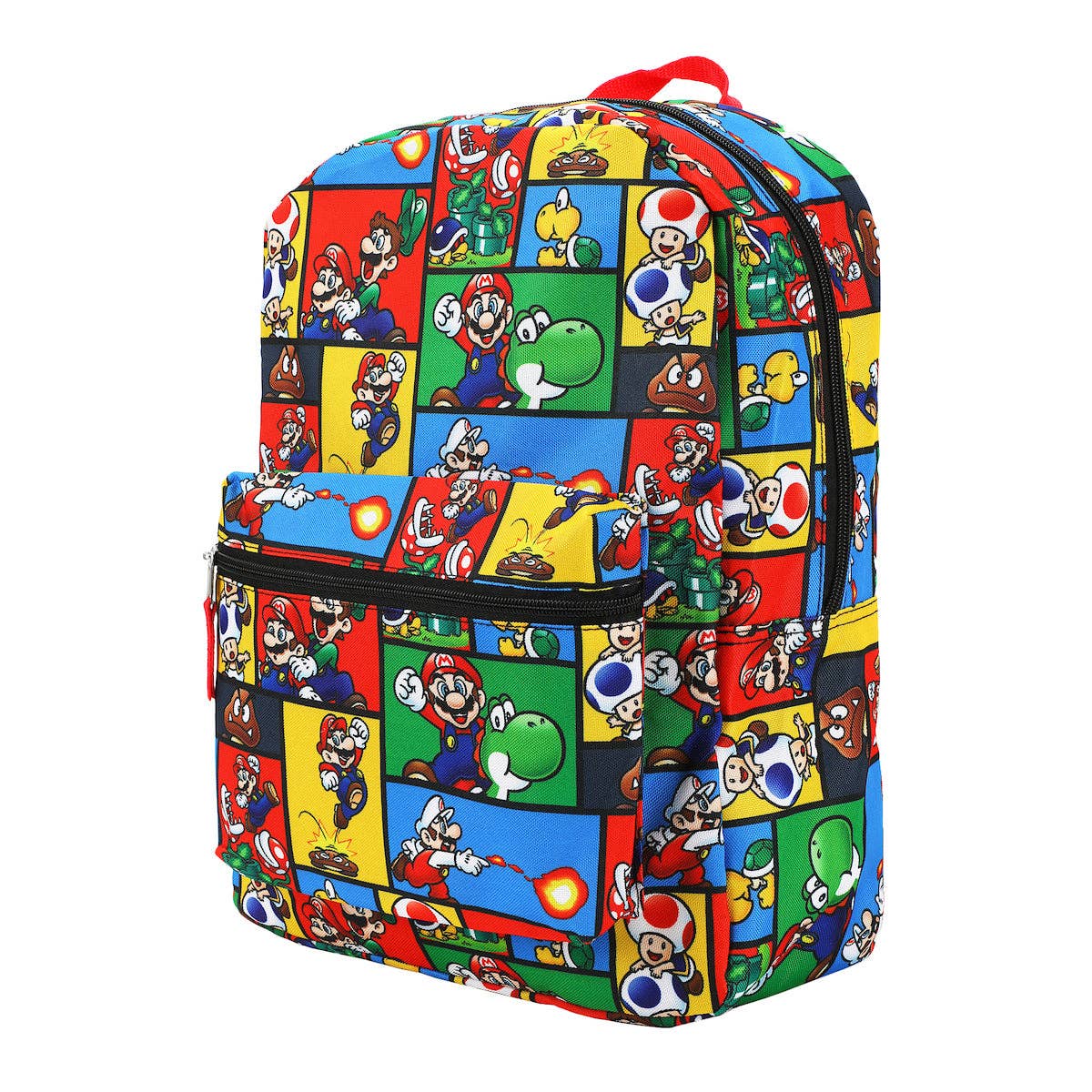 Backpack with colorful character pattern on a white background