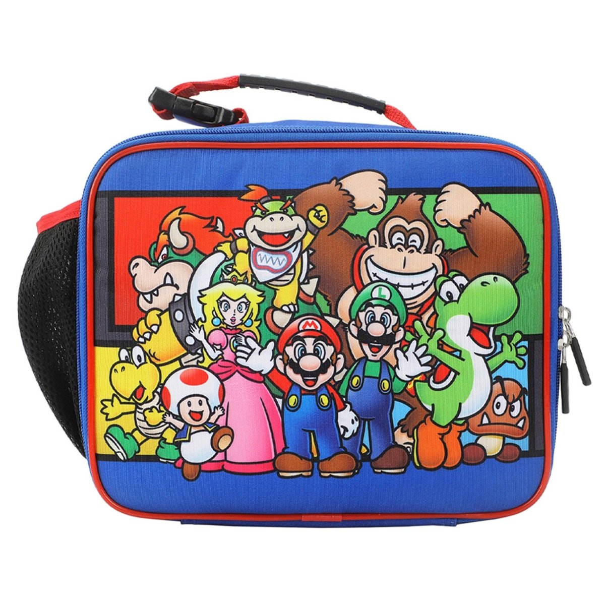 Lunch bag with colorful character design on a white background