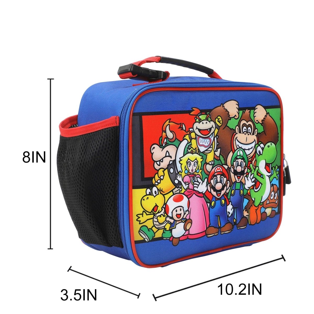 Lunch bag with cartoon character design and measurements on a white background