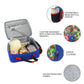 Blue insulated lunch bag with food items, expandable mesh bottle sleeve, and colorful graphic design on a white background.