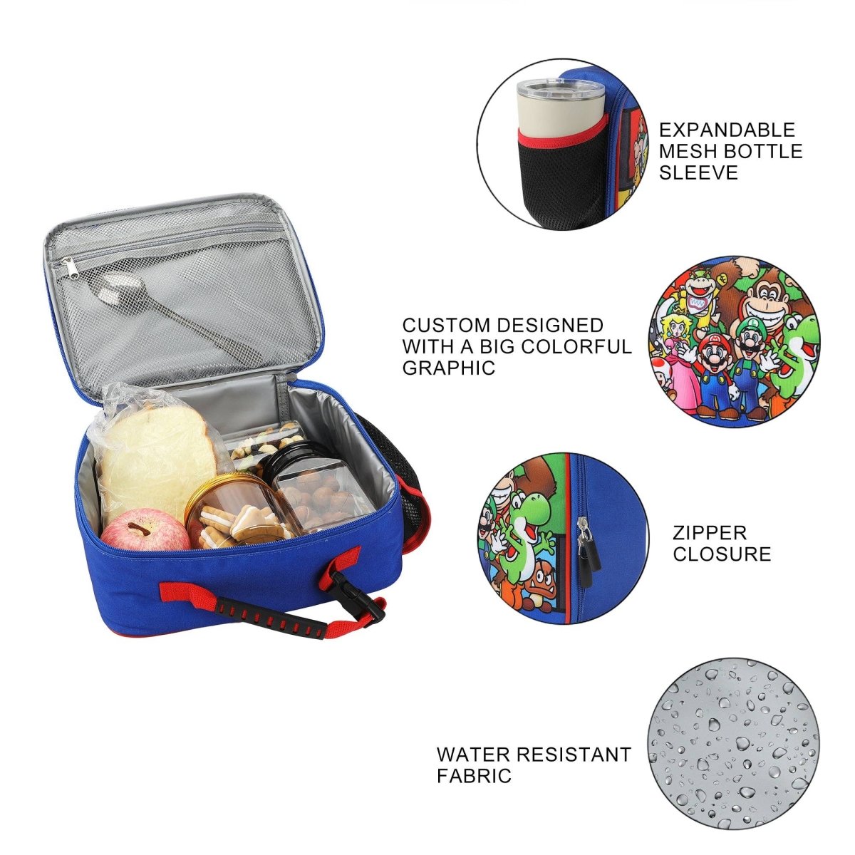 Blue insulated lunch bag with food items, expandable mesh bottle sleeve, and colorful graphic design on a white background.