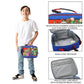 Child holding a colorful lunchbox with features highlighted on a white background