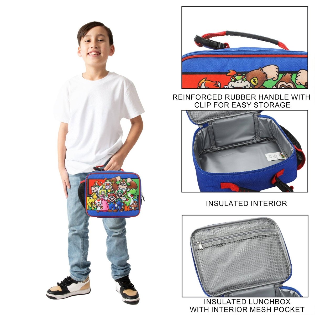 Child holding a colorful lunchbox with features highlighted on a white background