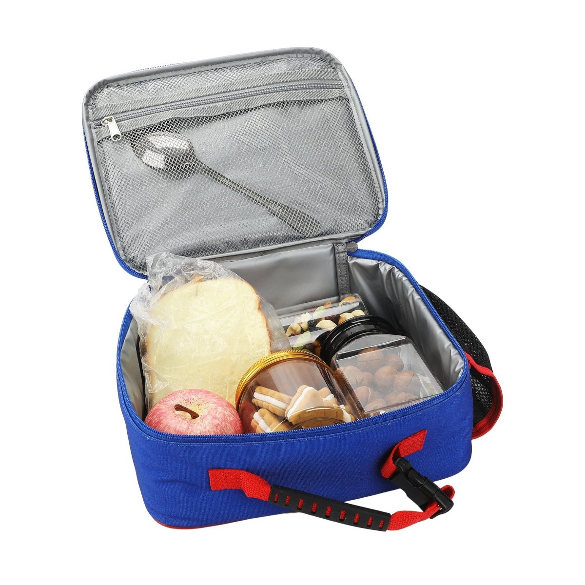 Blue cooler bag with food items on a white background