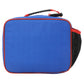 Blue pet carrier with red trim on a white background
