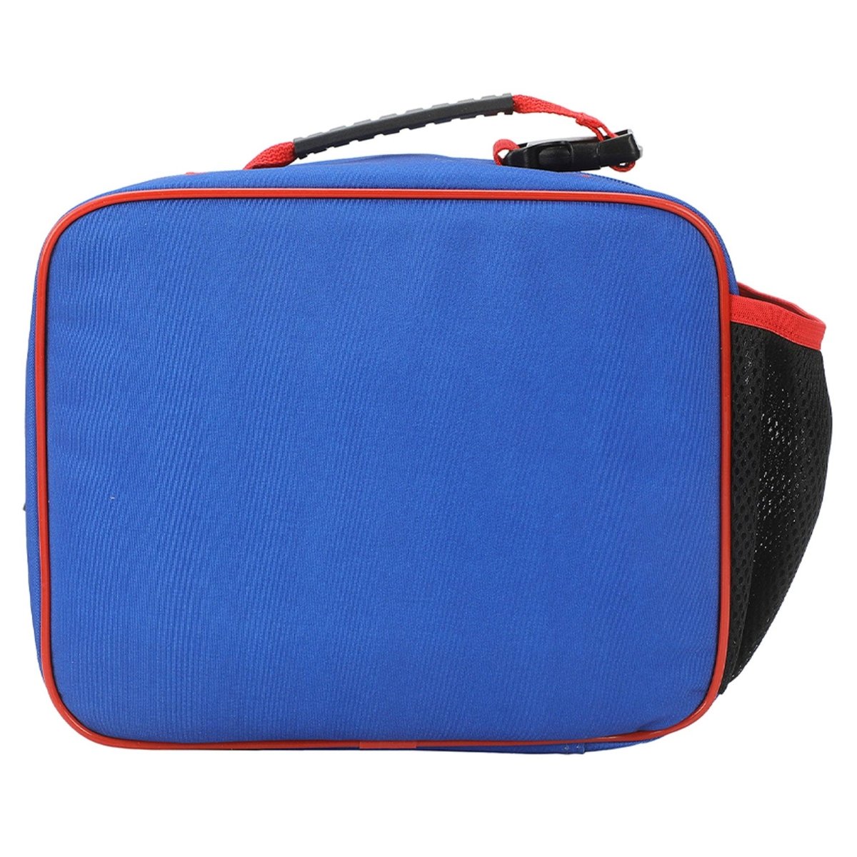 Blue pet carrier with red trim on a white background