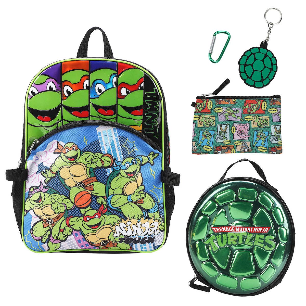 Set of Teenage Mutant Ninja Turtles backpack, pouch, carabiner, and round case on a white background