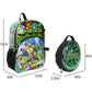 Backpack and round pouch with Teenage Mutant Ninja Turtles design, showing dimensions.