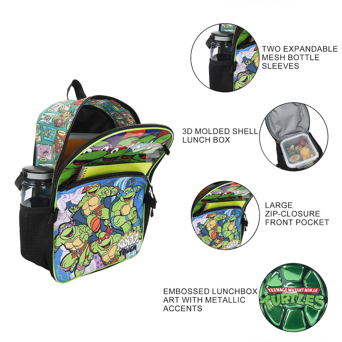 Backpack with Ninja Turtles design featuring expandable mesh bottle sleeves and 3D molded shell lunch box.