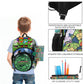 Child wearing a Teenage Mutant Ninja Turtles backpack with product features highlighted.