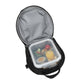 Black backpack with a transparent food container holding snacks on a white background